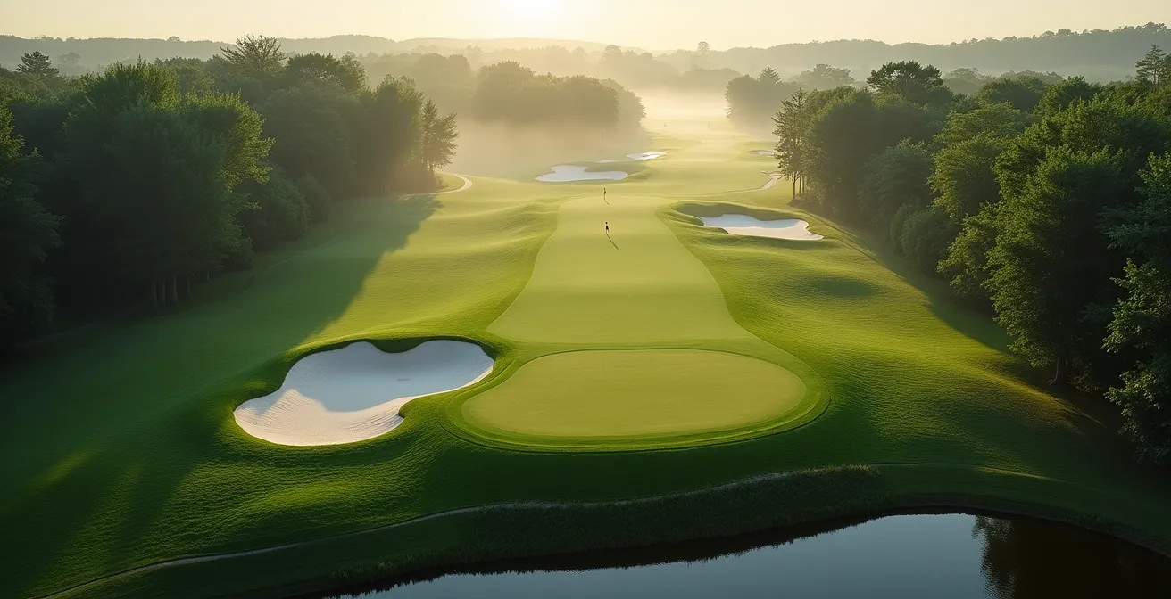Aerial perspective of golf hole showing strategic zones and decision points