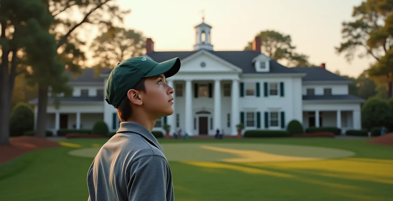Young amateur golfer standing beneath Augusta National clubhouse at dawn