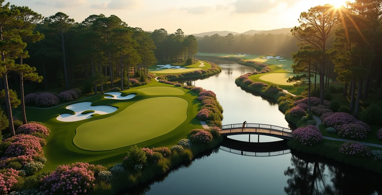 Aerial perspective of Amen Corner showing the dramatic elevation changes and Rae's Creek winding through holes 11, 12, and 13