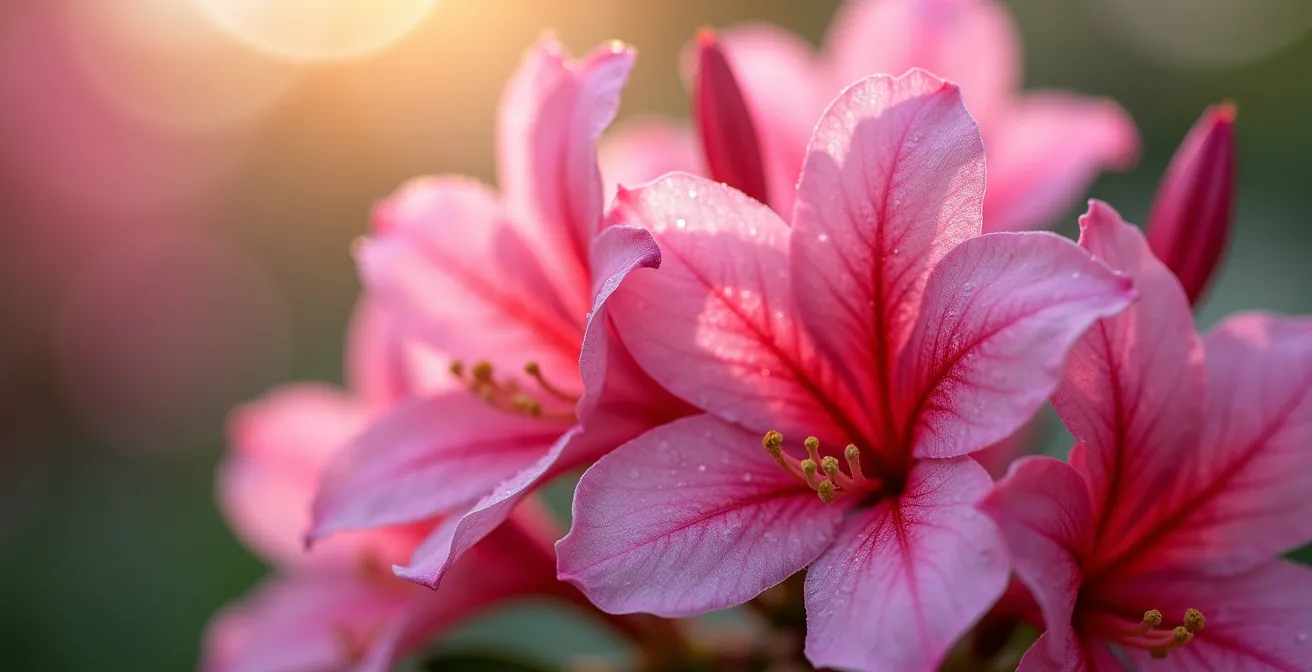 Extreme close-up of pristine pink azalea blossoms with morning dew drops