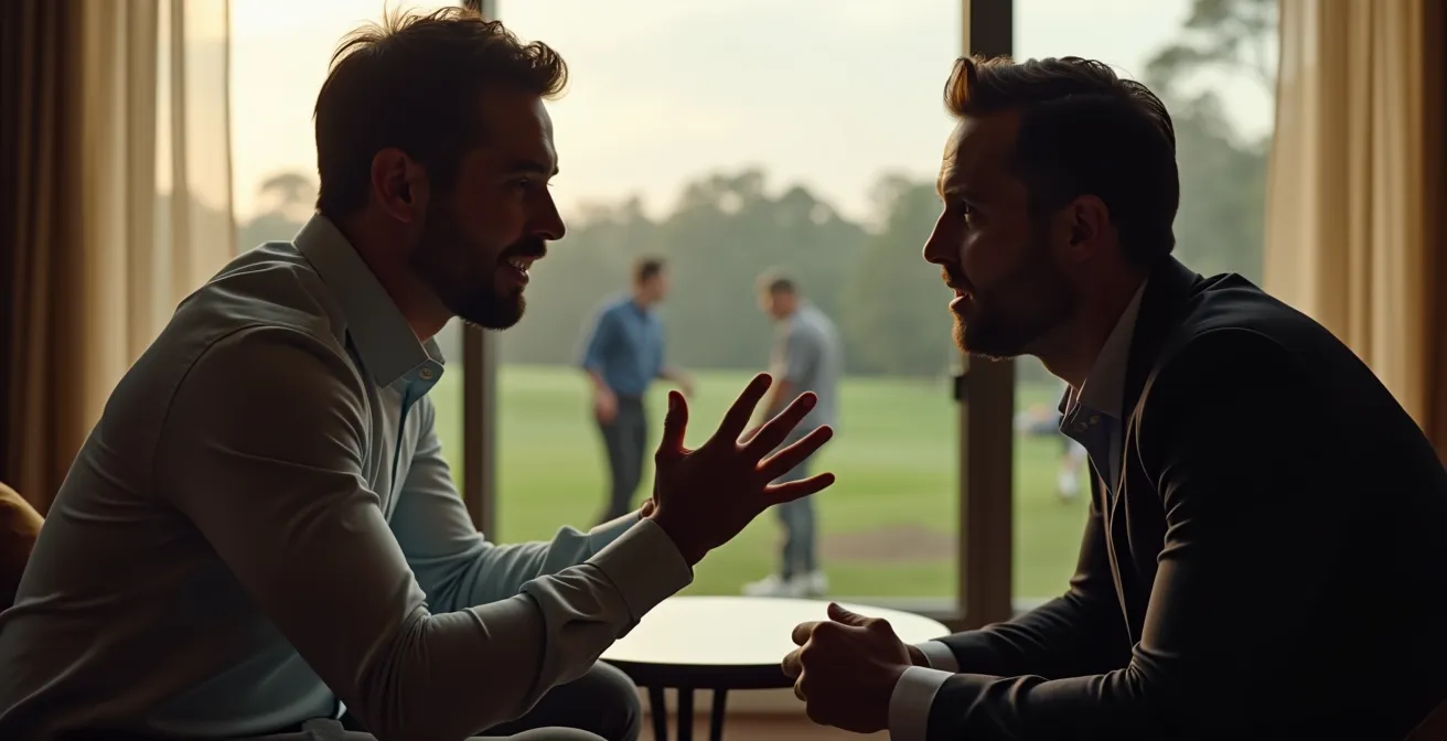 Business professionals in conversation at a golf hospitality venue