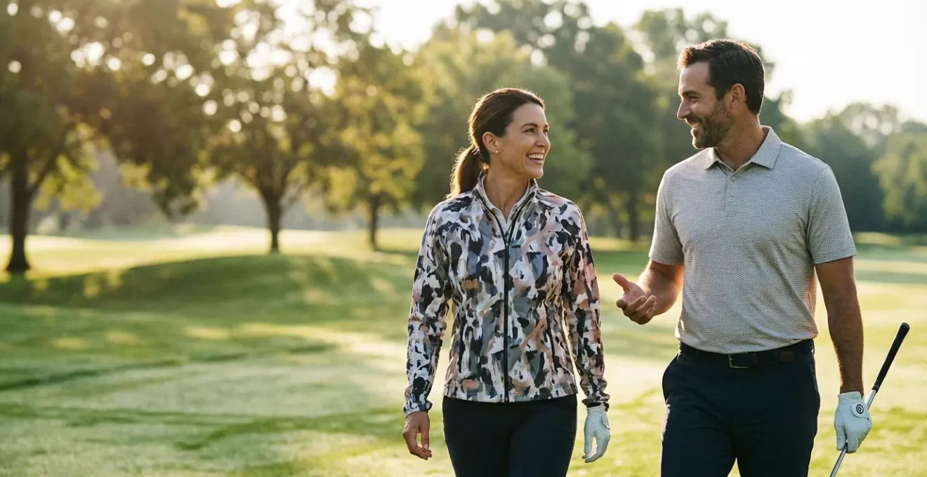 Two golfers walking down a fairway engaged in casual conversation