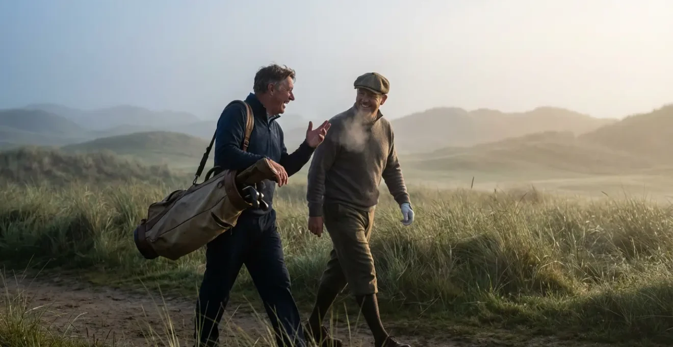 Caddie and golfer walking together on misty links course at dawn