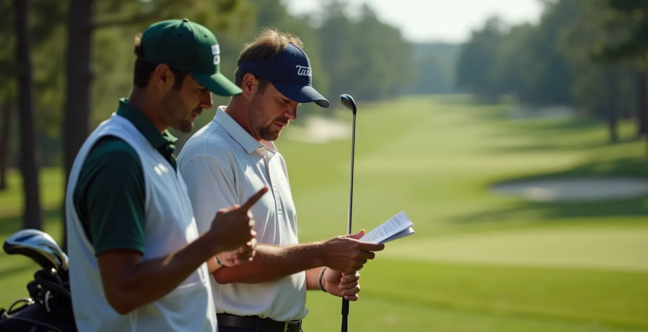 Tour player and caddie reviewing yardage book together on fairway