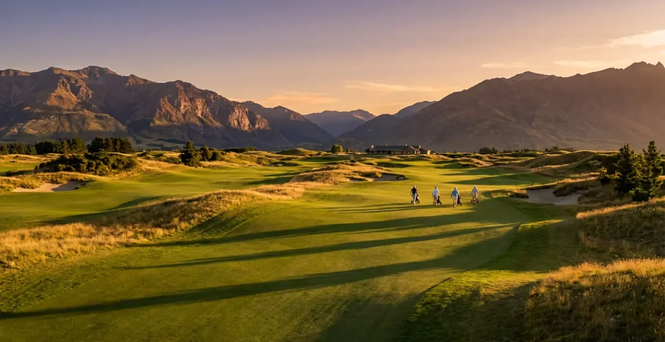 Breathtaking panoramic view of a championship golf course at golden hour with mountain backdrop