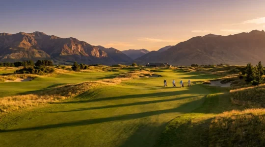 Breathtaking panoramic view of a championship golf course at golden hour with mountain backdrop