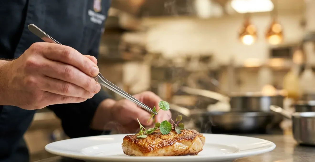Executive chef carefully plating an elegant dish in a luxury club kitchen