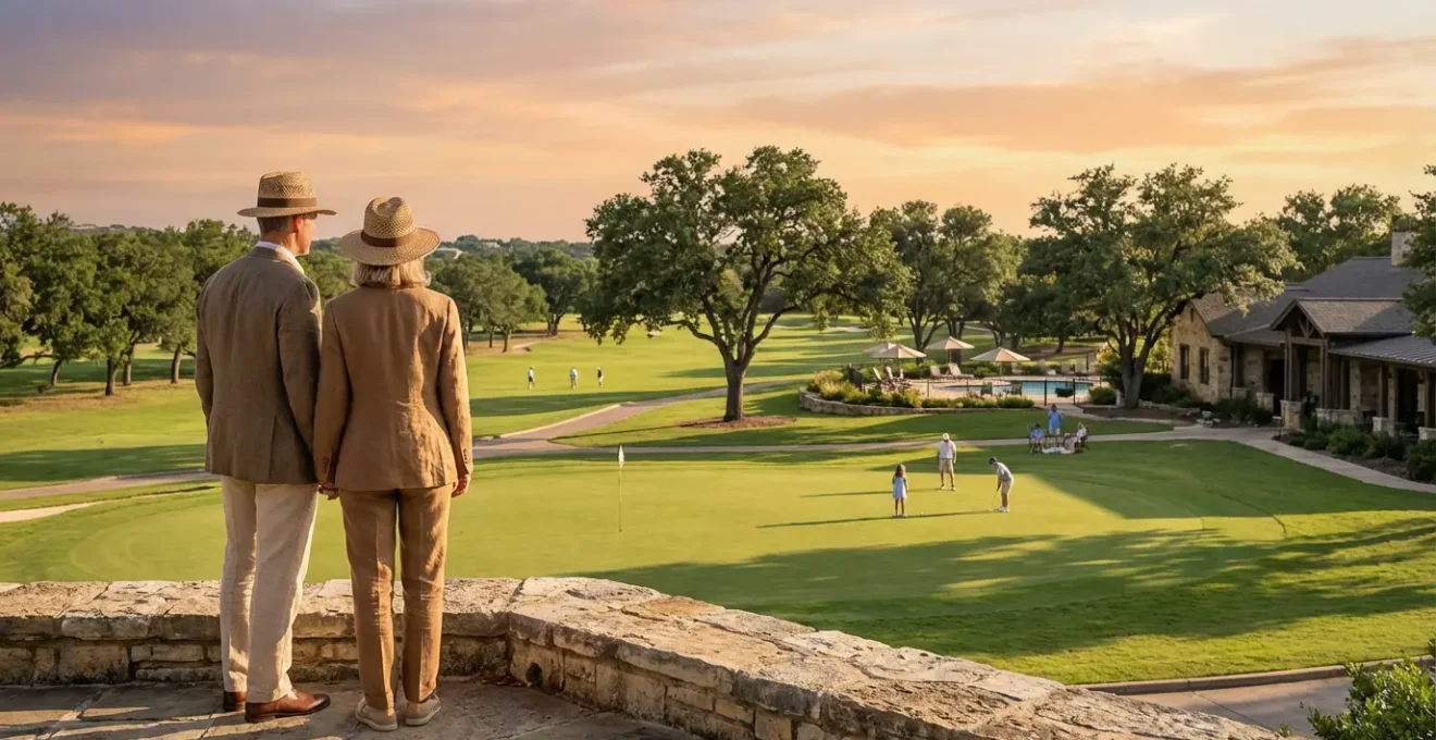 Elegant country club scene with golf course and members