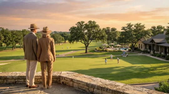 Elegant country club scene with golf course and members