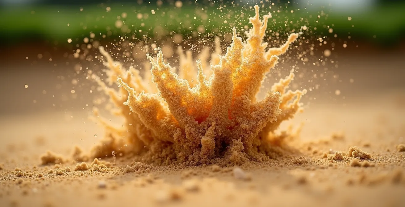Close-up macro shot of sand explosion from bunker with golf club impact
