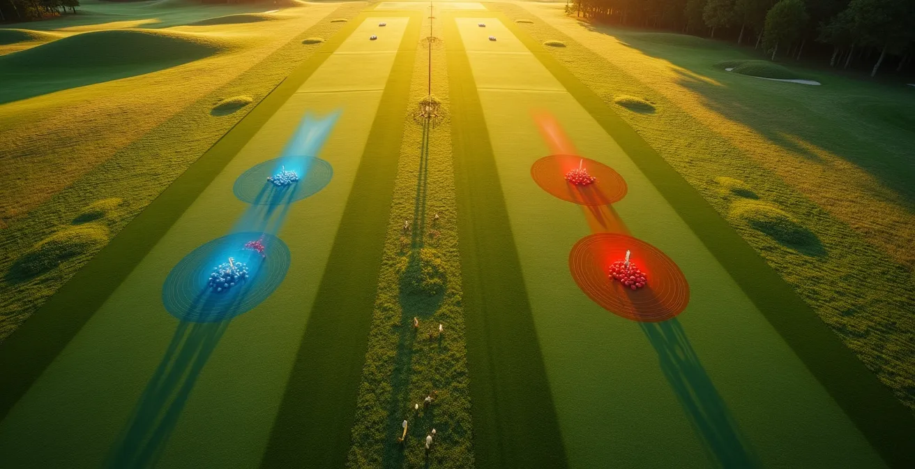 Visual comparison of shot dispersion patterns between soft and hard compression golf balls