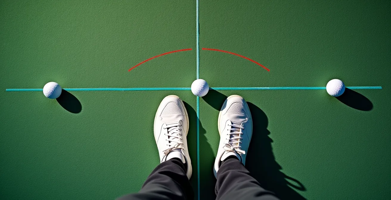 Overhead view of golfer's stance showing optimal ball position for fairway wood