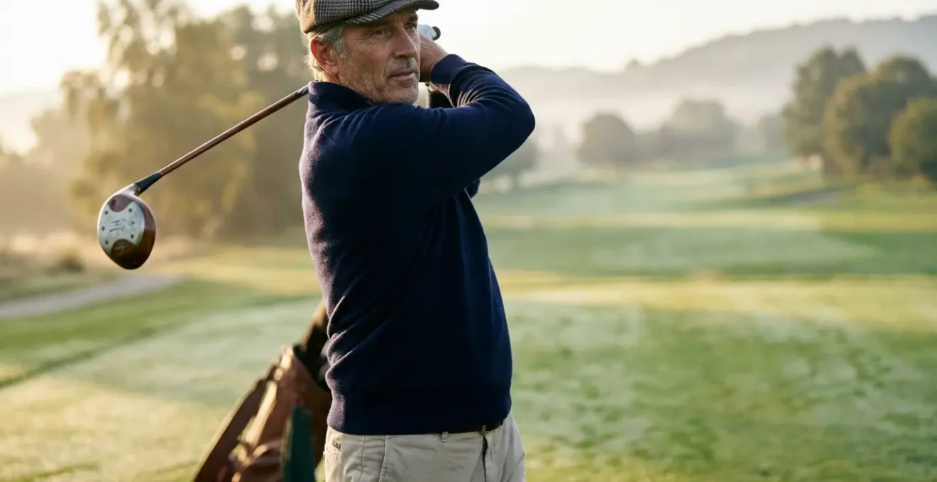 Elegant golfer showcasing luxury golf fashion on prestigious course