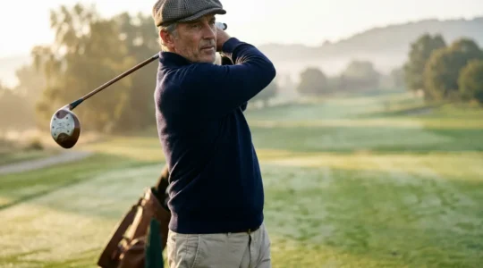 Elegant golfer showcasing luxury golf fashion on prestigious course