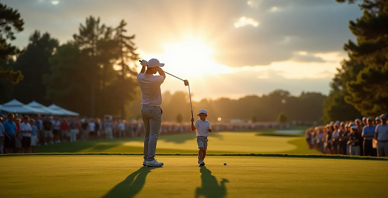 Professional golfer with child caddie during Masters Par 3 Contest