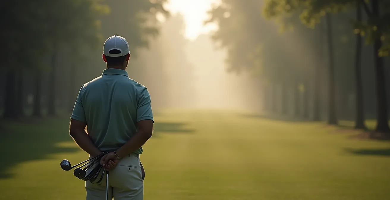 Golfer contemplating club selection on first tee with narrow fairway ahead
