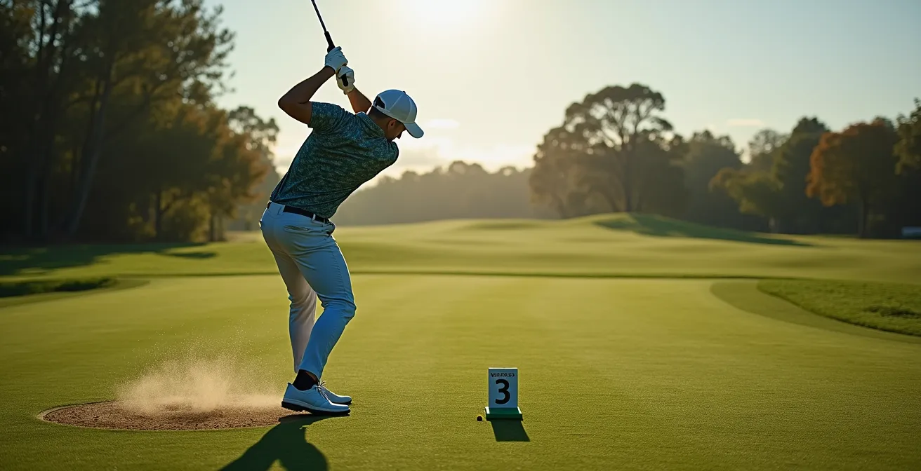 Golfer at top of backswing showing flat plane with rotational power indicators