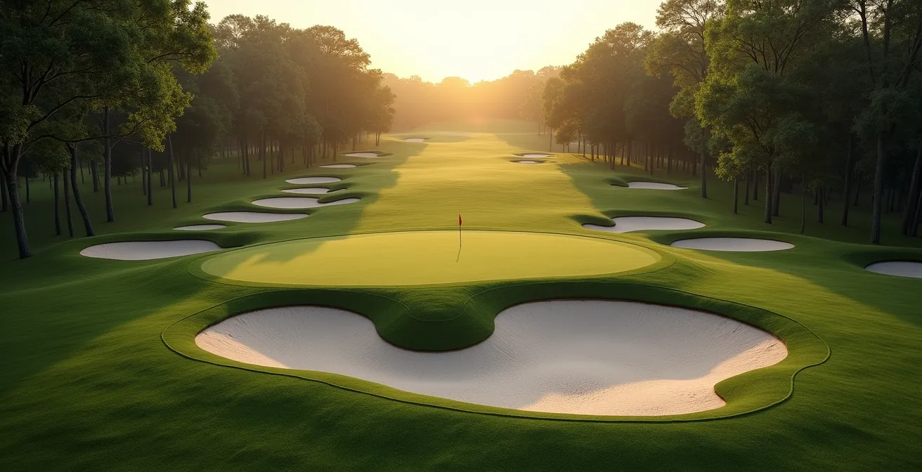 Wide angle view from championship tee showing strategic bunker placement creating visual intimidation