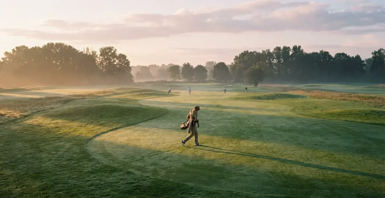Golfer walking purposefully on fairway with golf bag demonstrating efficient pace of play