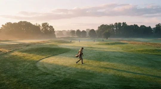 Golfer walking purposefully on fairway with golf bag demonstrating efficient pace of play