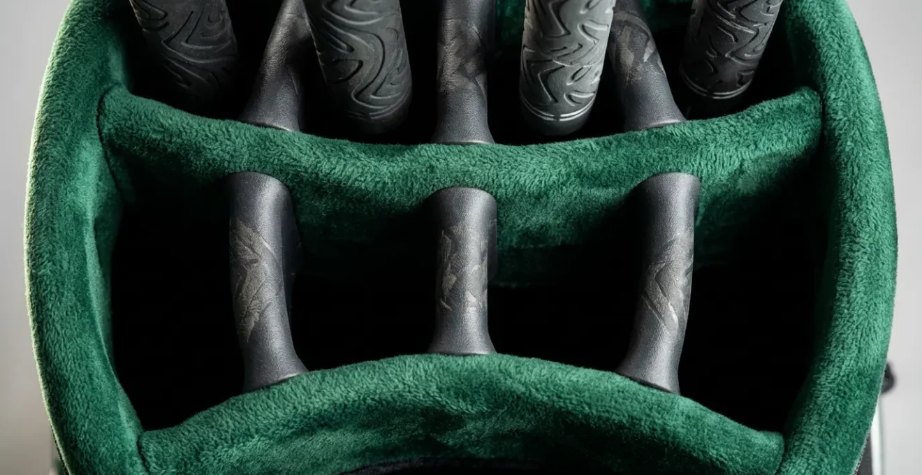 Close-up comparison of 4-way and 14-way golf bag divider systems