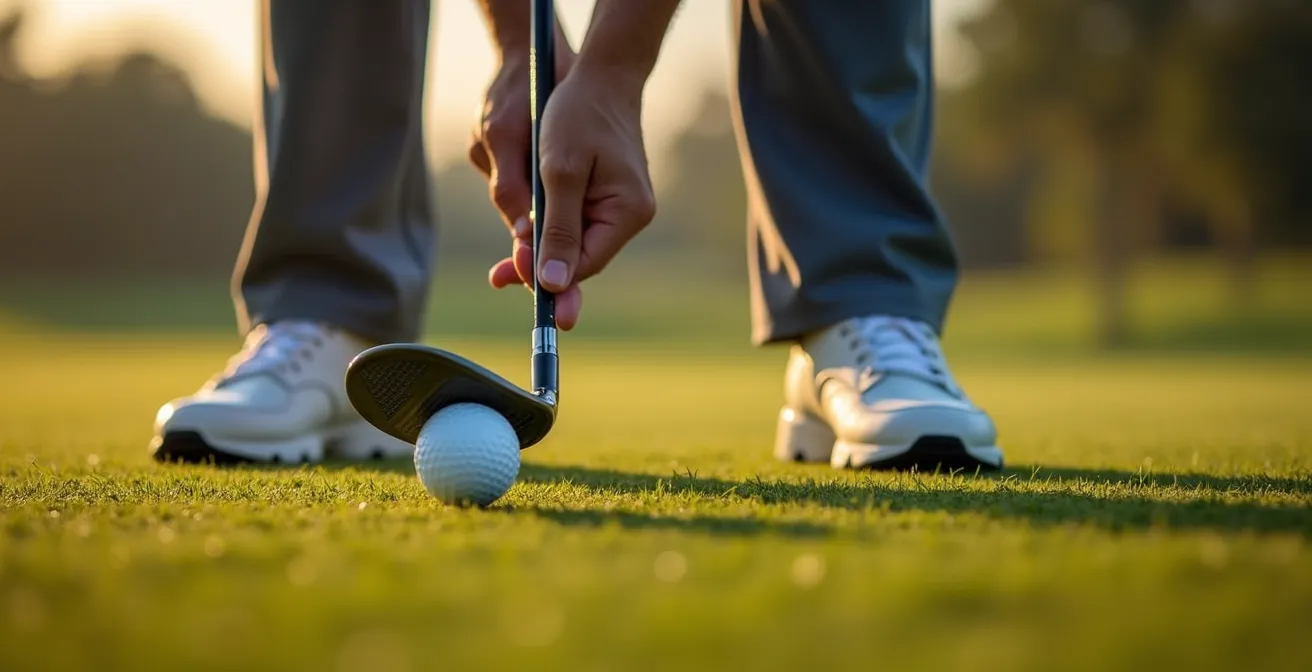 Human golfer at moment of impact showing ball compression