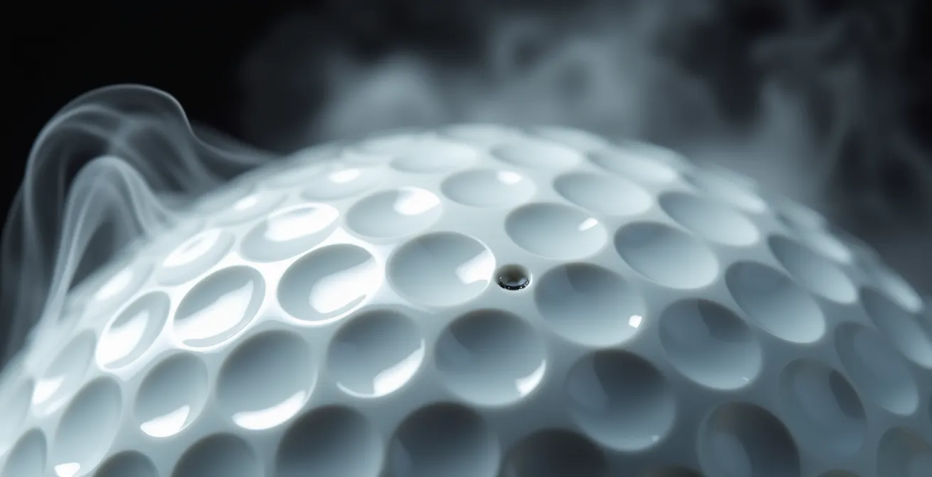 Macro shot of golf ball surface showing dimple patterns and air flow visualization