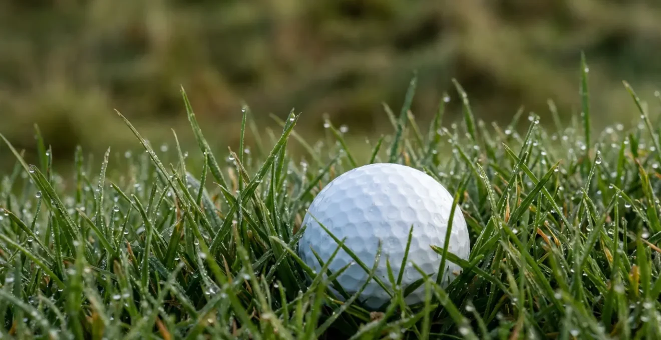Extreme close-up of a golf ball in deep rough grass, symbolizing an ethical test