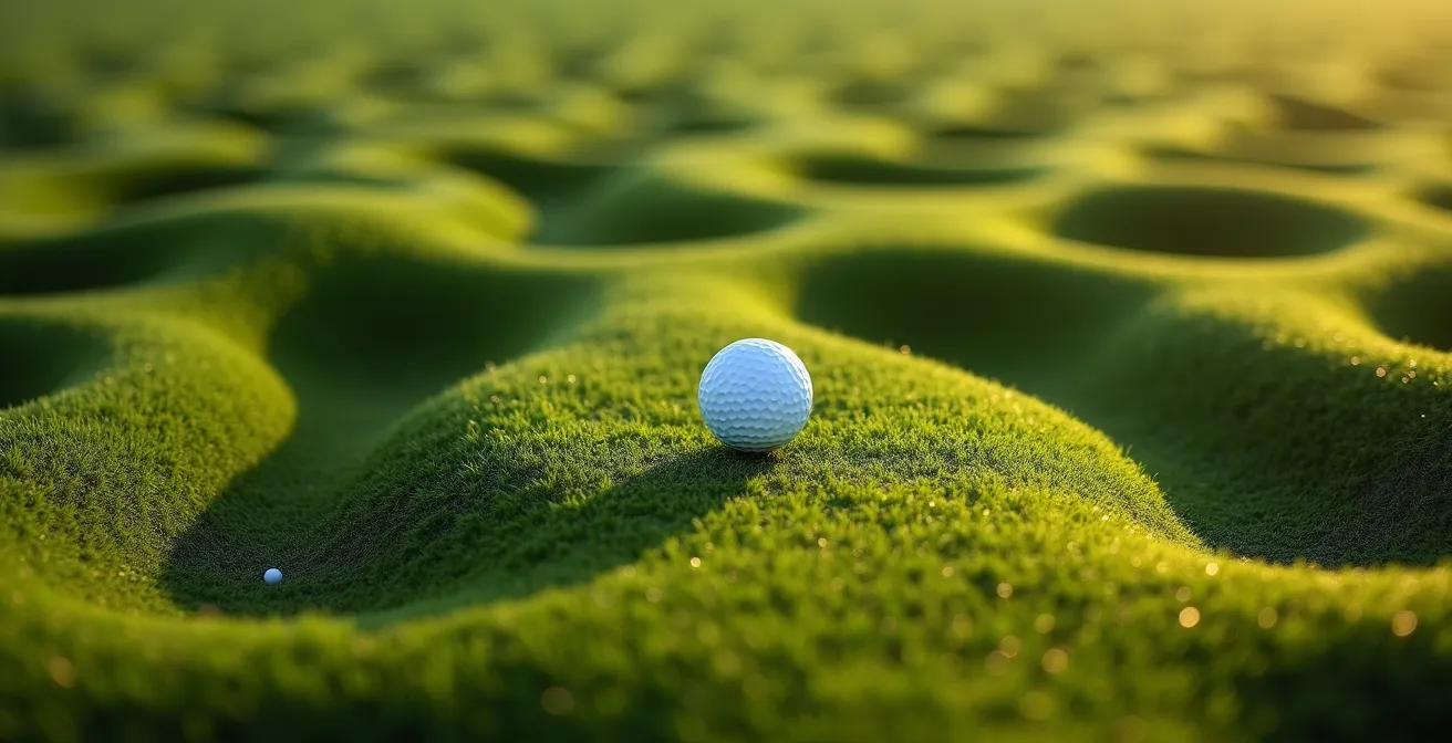 Golf ball mid-bounce on undulating links fairway with dramatic shadows