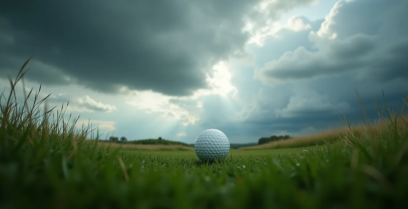 Wide landscape shot of golf ball trajectory against stormy conditions