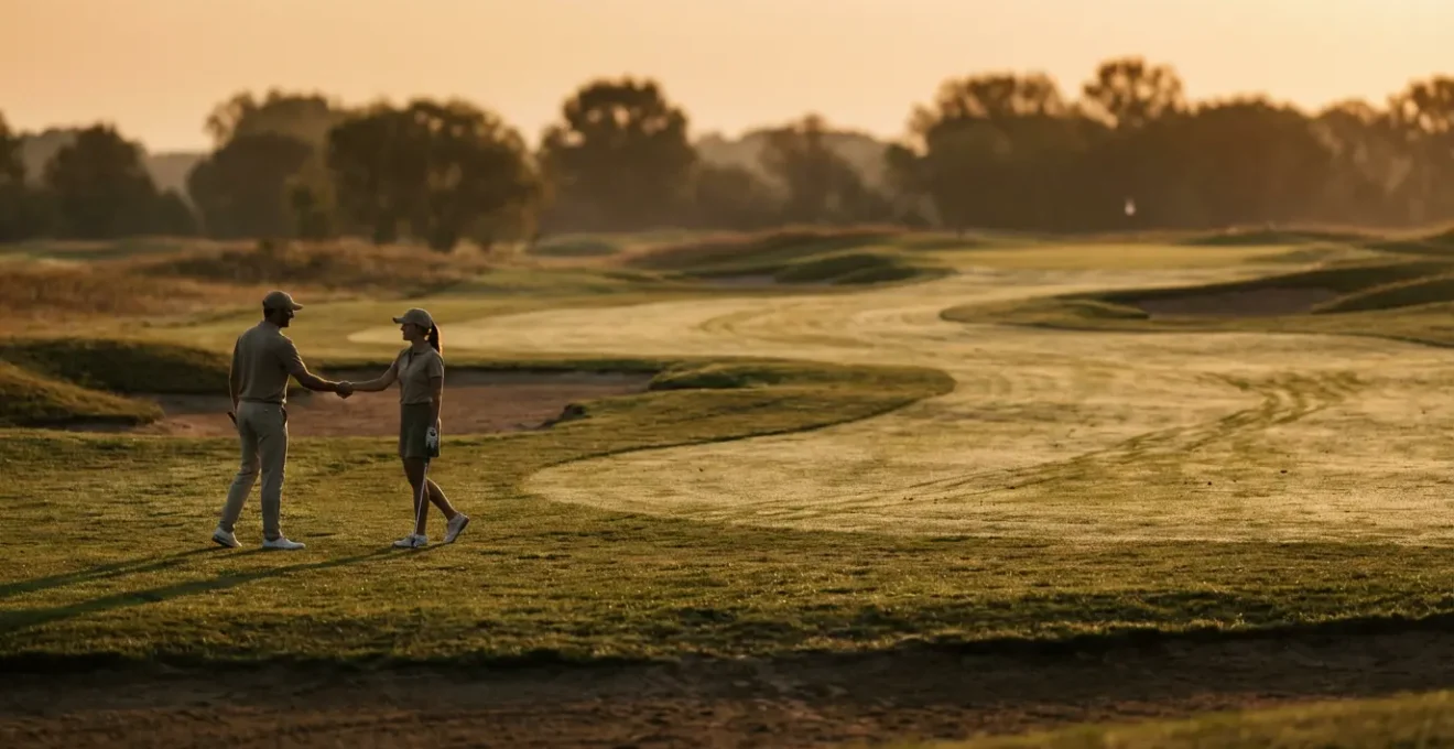 Business professionals shaking hands on a golf course fairway during golden hour