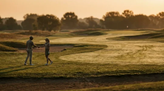 Business professionals shaking hands on a golf course fairway during golden hour