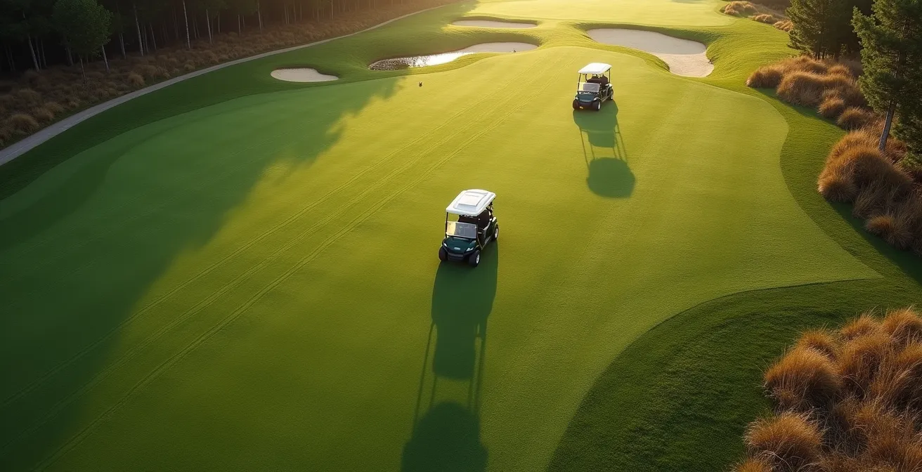 Aerial view showing proper 90-degree cart path pattern on fairway