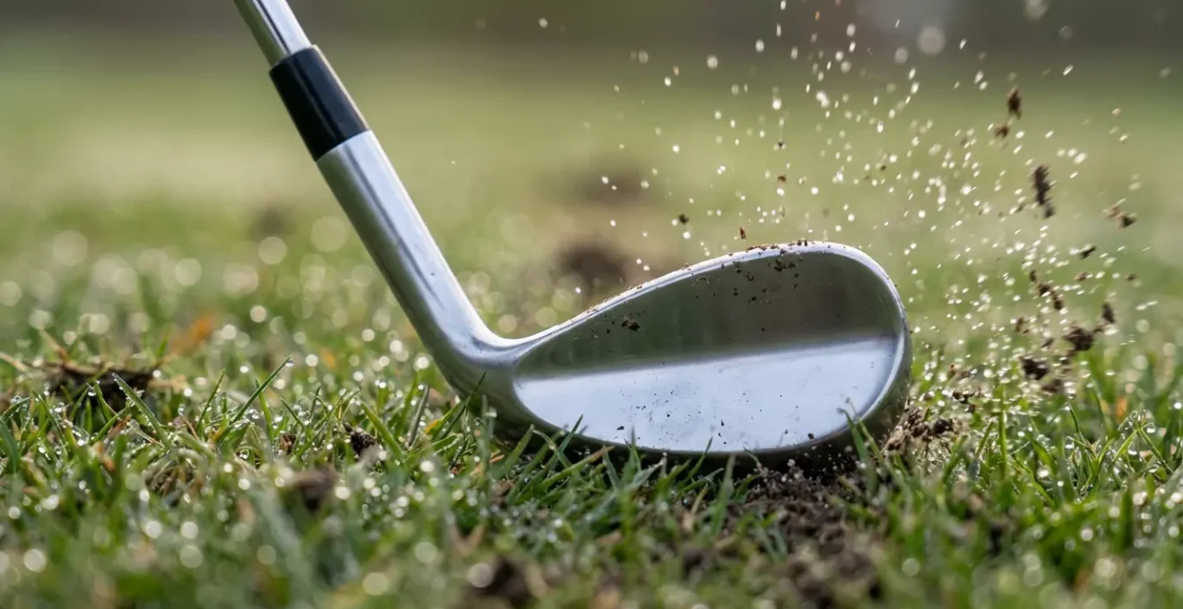 Macro view of wedge sole bouncing through turf at impact