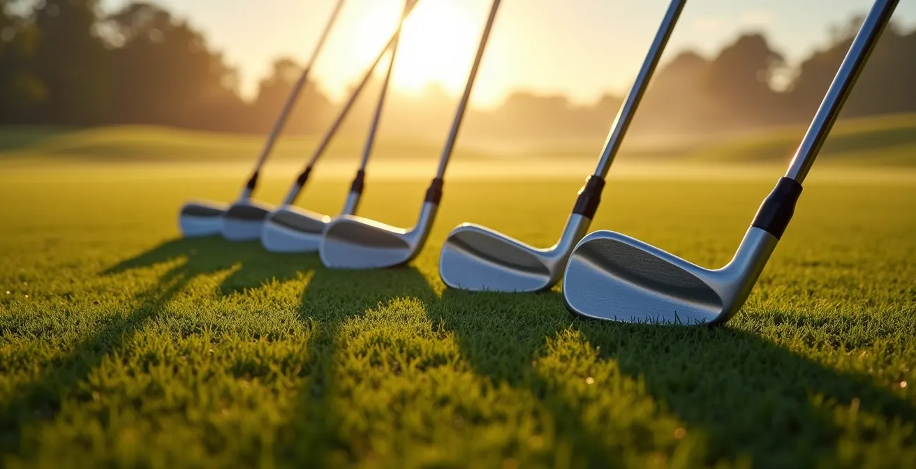 A series of golf wedges arranged on a pristine green, showing the progressive loft gapping crucial for distance control.