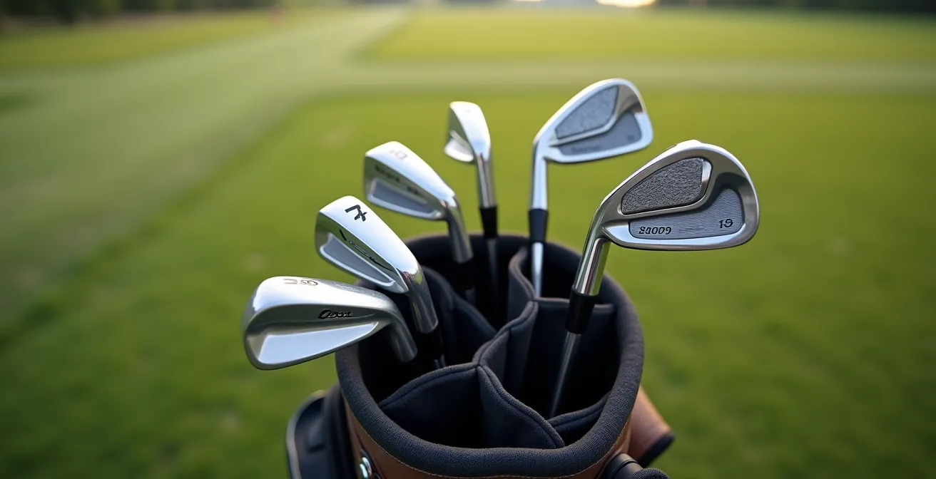 Golf bag showing progressive iron set from hollow body long irons to muscle back wedges