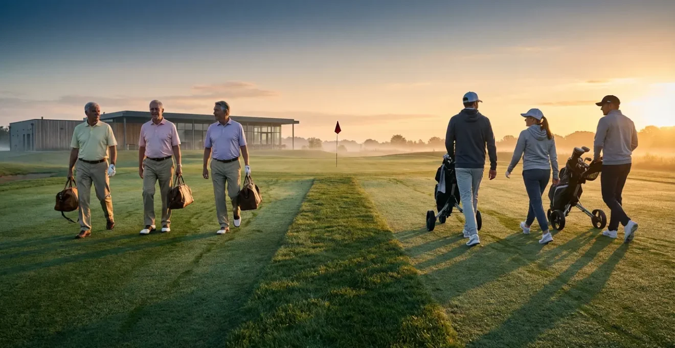 Split perspective of traditional and modern golfers on the same fairway showcasing golf's cultural evolution
