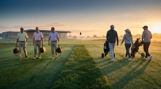 Split perspective of traditional and modern golfers on the same fairway showcasing golf's cultural evolution