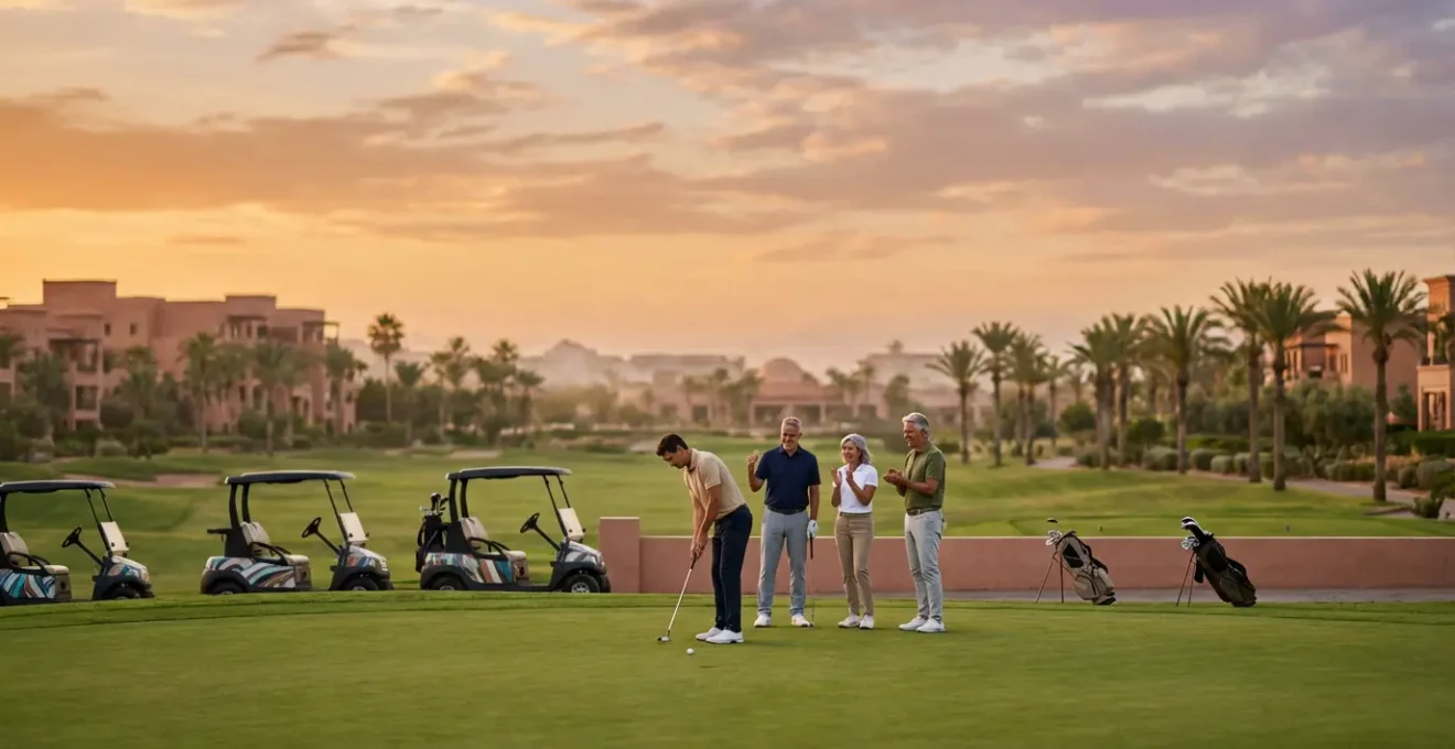 Group of golfers on resort putting green at golden hour