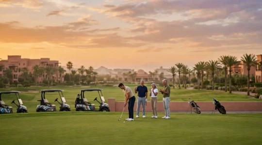Group of golfers on resort putting green at golden hour