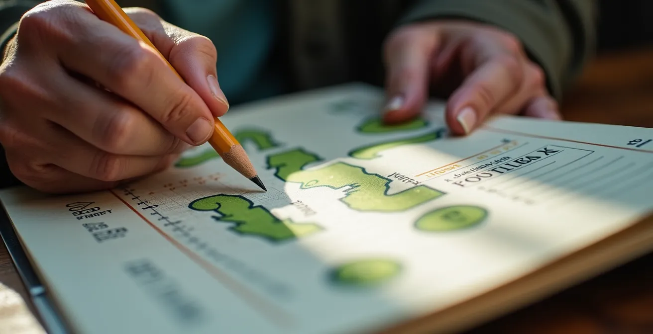Close-up of hands analyzing golf scorecard with course map