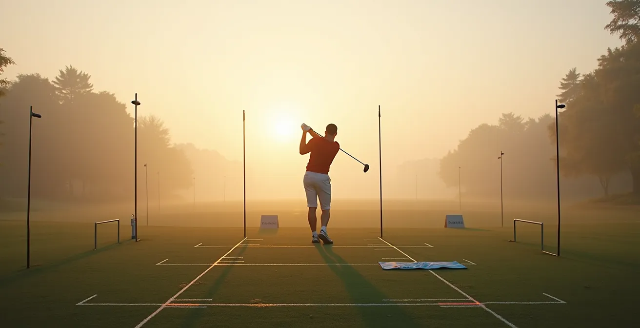 Golfer using resistance band training aid with alignment sticks setup