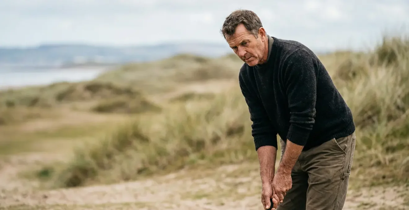 Golfer executing low trajectory shot on firm links turf