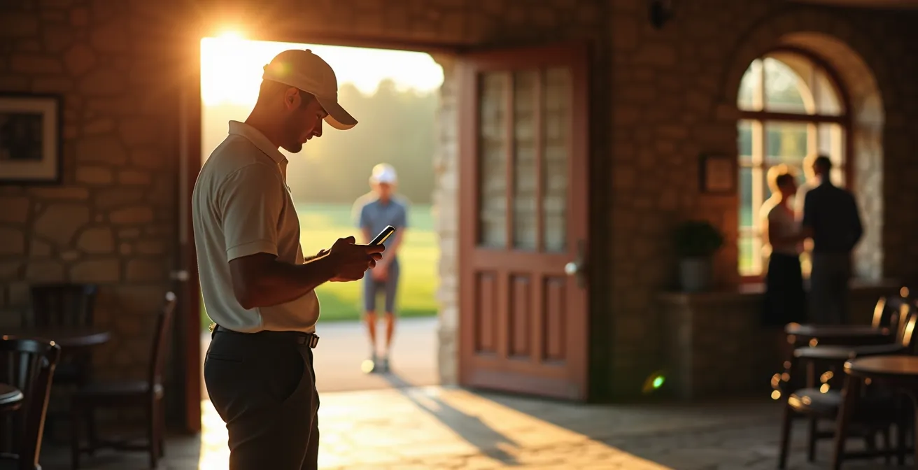 Golfer checking ballot results outside St Andrews Links Clubhouse