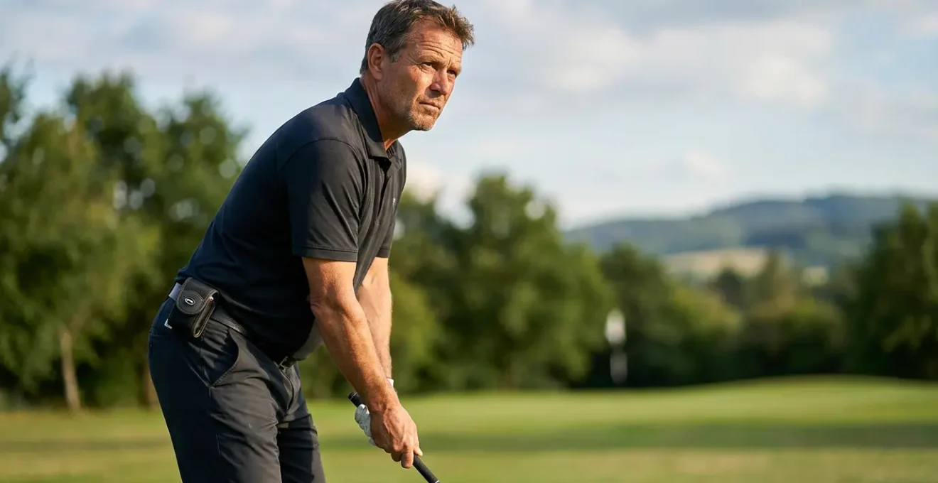 Golfer in focused pre-shot routine after using rangefinder