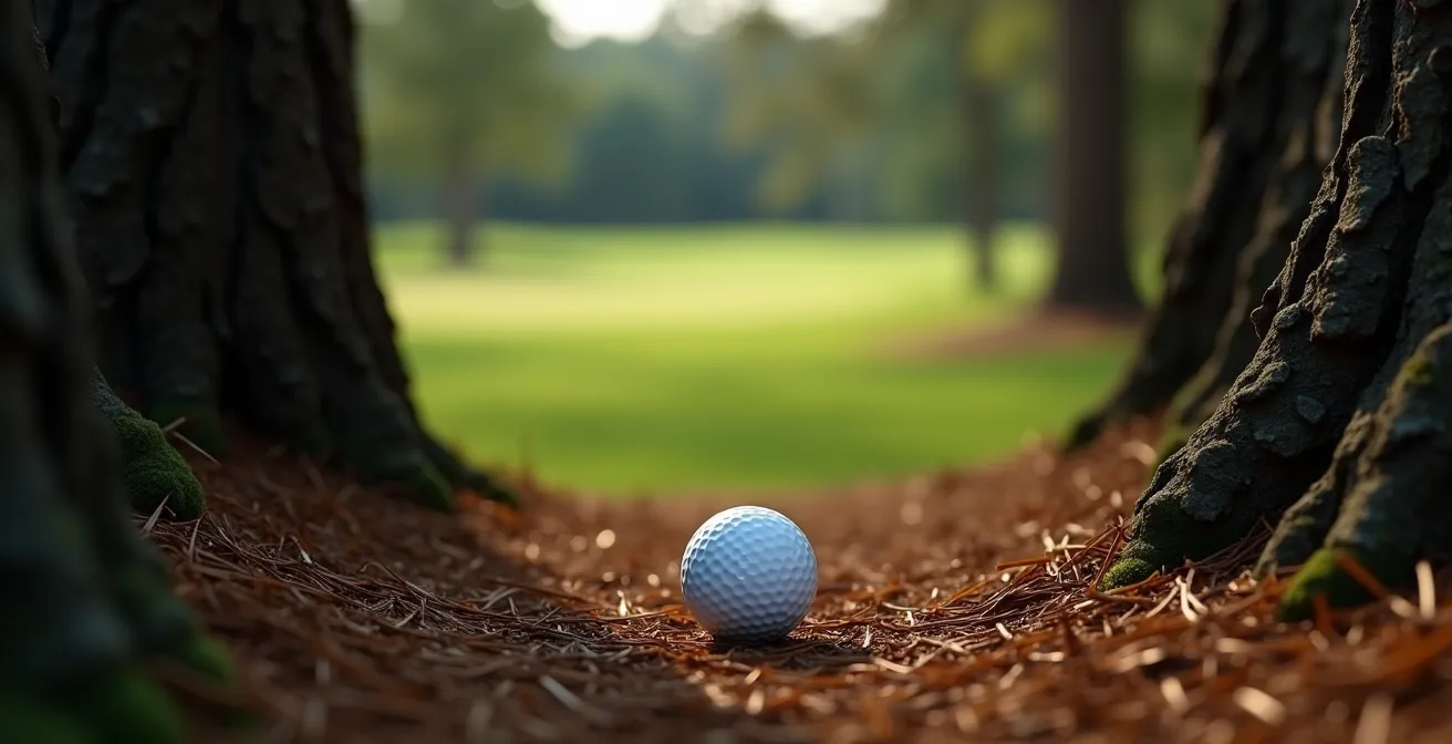 Golfer evaluating options from behind trees with clear chip-out path visible