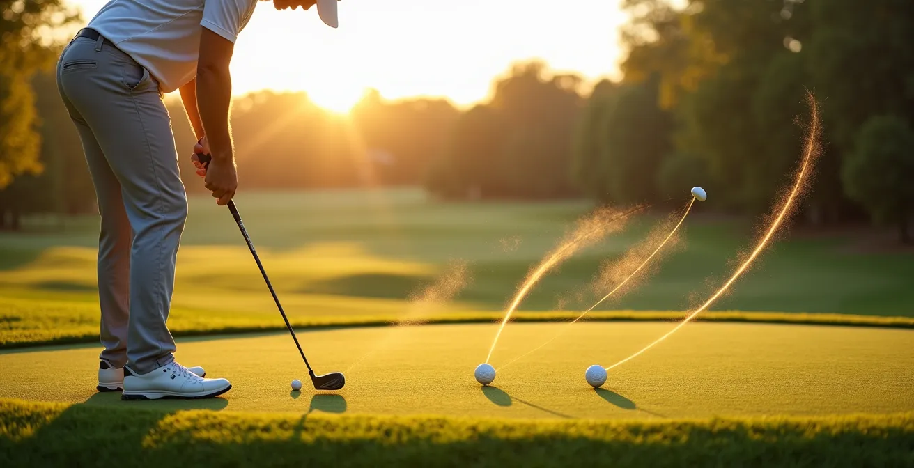 Golfer at practice green showing three different ball flight trajectories from single wedge position
