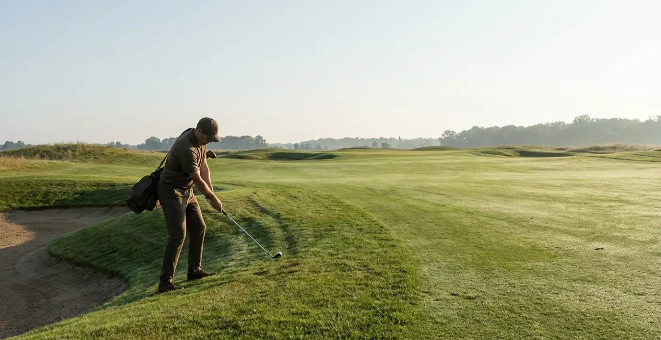 Professional golfer demonstrating controlled wedge technique near the green