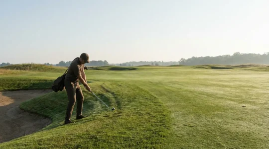 Professional golfer demonstrating controlled wedge technique near the green