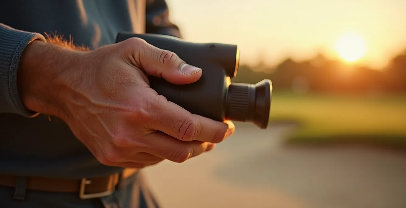 Close-up of hands holding rangefinder aimed at bunker lip with blurred green beyond